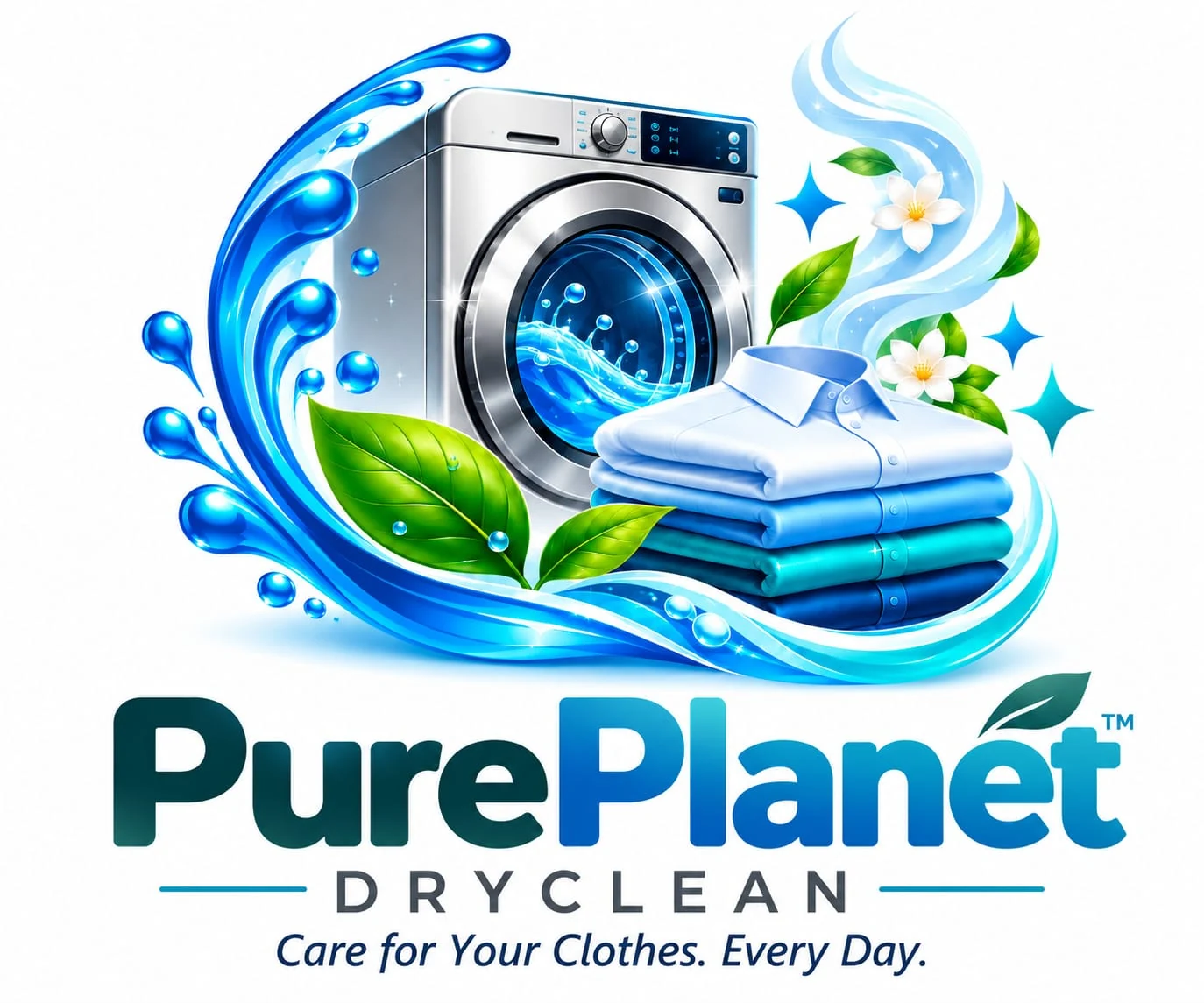 PurePlanet logo illustration showing washing machine, folded clothes, blue water swirls and green leaves