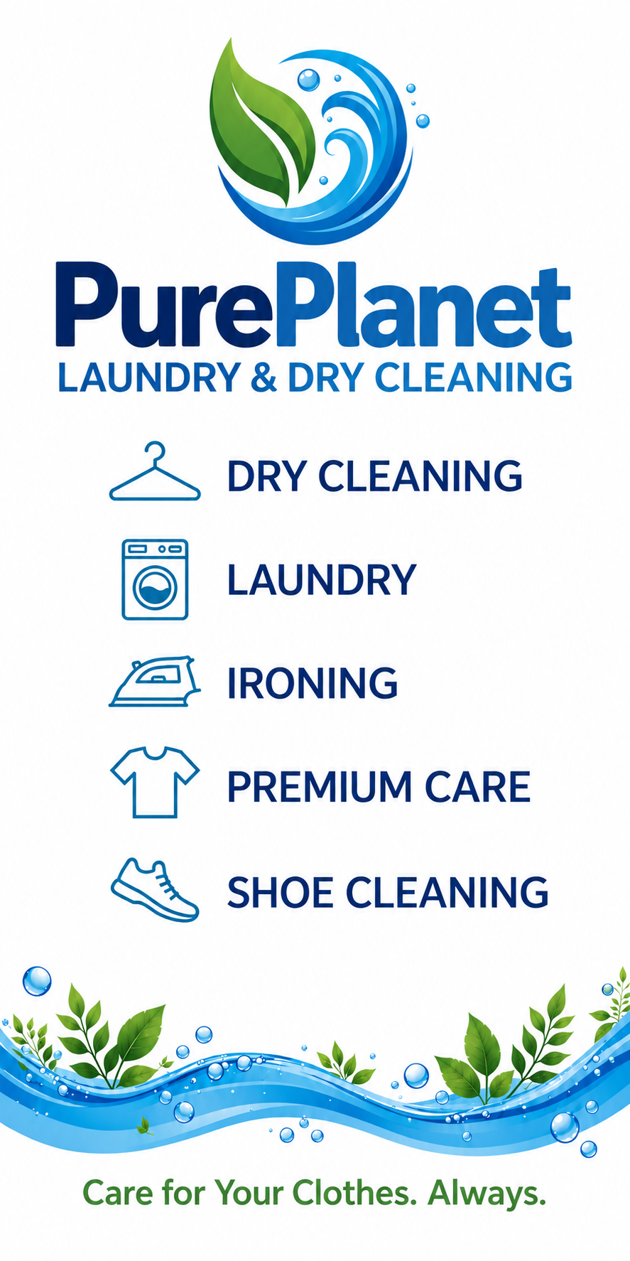PurePlanet services poster showing dry cleaning, laundry, ironing, premium care and shoe cleaning