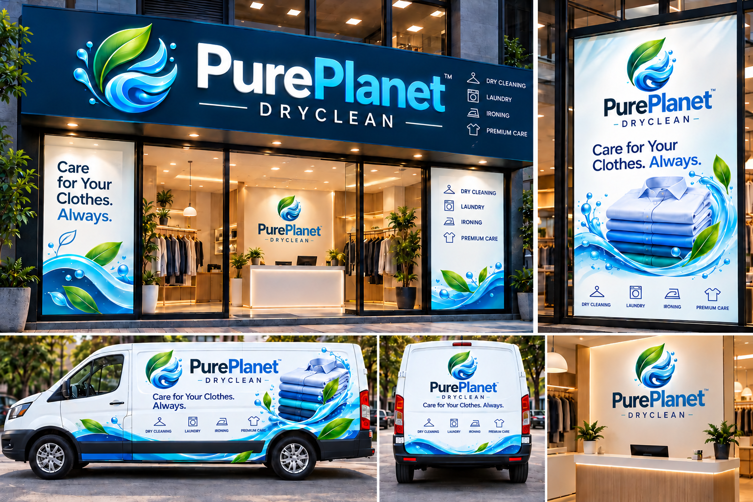 PurePlanet storefront, van and reception branding showcase